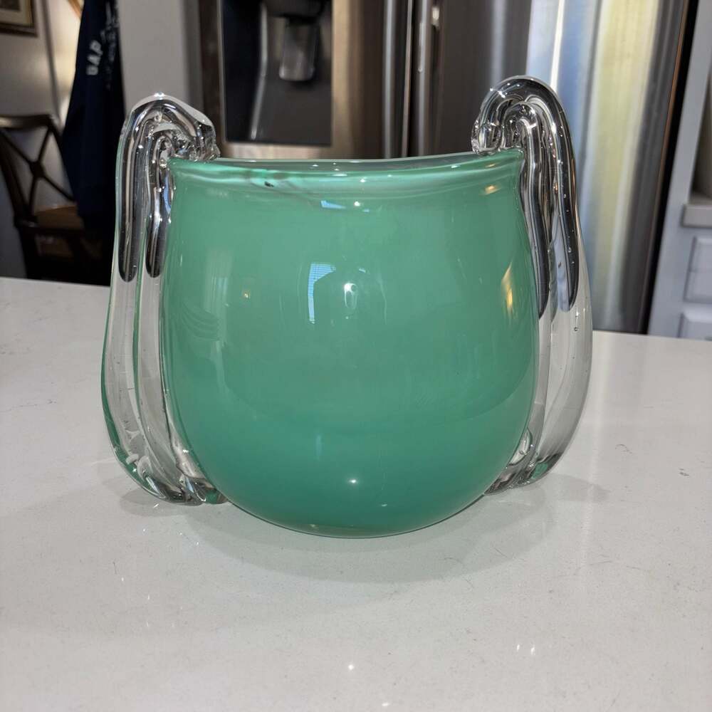 Mid-Century Modernist Hand-Blown Glass Vase in Jade and White  8”